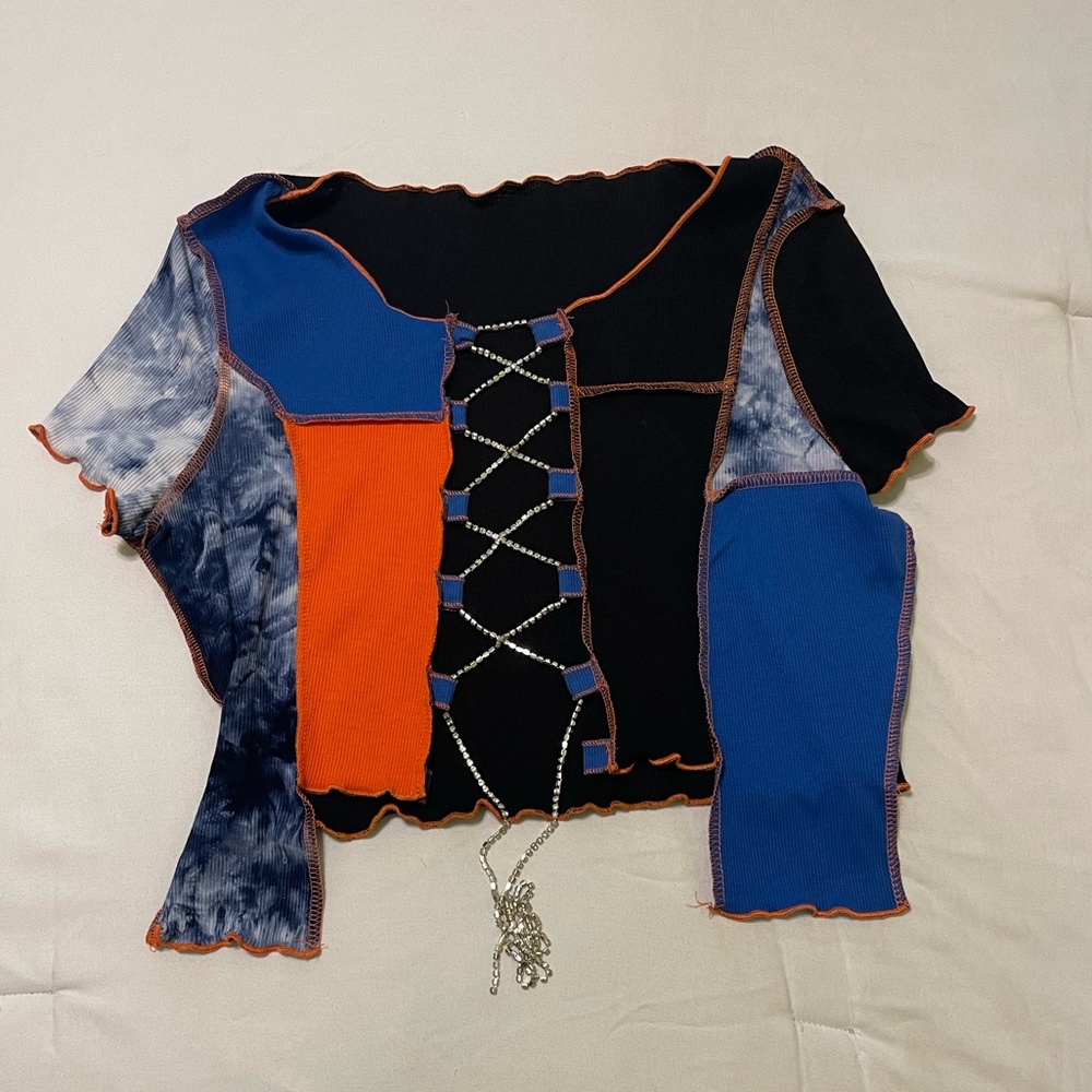 SHEIN rhinestone lace up crop top- blue and orange (XL)
